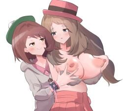 2girls big_breasts breast_expansion breasts female female_only gloria_(pokemon) human human_only hyper_breasts massive_breasts multiple_girls nintendo pokemon pokemon_ss pokemon_xy serena_(pokemon) short_hair yuni_tofu yuri