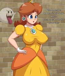 1girls 2022 big_breasts blue_eyes boo_(mario) breasts brown_hair clothed clothing crown dress earrings erect_nipples erect_nipples_under_clothes female ghost gloves halloween huge_breasts mario_(series) migi_rider mouth nintendo open_mouth orange_dress orange_hair png princess_daisy princess_dress short_hair signature teeth teeth_showing text tongue tongue_out white_skin