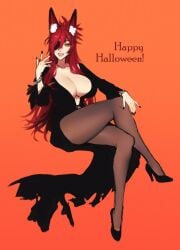 1girls big_breasts cosplay crossed_legs dress ear_tuft elvira:_mistress_of_the_dark elvira_(cosplay) english_text eyepatch female female_only fox_ears fox_girl full_body halloween happy_halloween heels inner_sideboob kitsu_(n0r0) kitsune long_hair looking_at_viewer n0r0 narrowed_eyes orange_background orange_eyes pantyhose red_hair sitting smiling smiling_at_viewer solo tail text thick_thighs