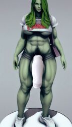 3d abs ai_generated cock_sleeve_(clothes) cock_sock crop_top flaccid futa_only futanari green_eyes green_hair green_skin hair_over_eye hair_over_one_eyes hdregrets large_penis marvel muscular muscular_futanari muscular_thighs pubic_hair she-hulk stable_diffusion underboob