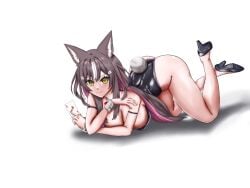 1girls animal_ears brown_hair bunnysuit card chisaka_airi female female_only holding_card light-skinned_female light_skin looking_at_viewer meliodas8656129_(メリオダス) phase_alias phase_connect shadow simple_background solo virtual_youtuber white_background wolf_ears wolf_girl yellow_eyes