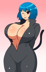 1girls bakunyuu big_breasts blue_hair borrowed_character breasts busty curvaceous curvy curvy_body curvy_female curvy_figure fanart female girl huge_breasts large_breasts lycra massive_breasts maymayumi2 open_clothes red_eyes rina_atherina_(errorkazoo) short_hair simple_background tagme