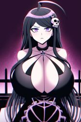 ahoge ai_generated akamatsu_kaede alternate_breast_size arms_behind_back big_breasts black_hair breasts_bigger_than_head danganronpa frown gigantic_breasts goth goth_girl gothified huge_breasts large_breasts long_hair looking_at_viewer nai_diffusion new_danganronpa_v3 pale-skinned_female pale_skin purple_background purple_eyes skull_hair_ornament skull_necklace stable_diffusion tagme