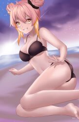 1girls beach black_swimsuit clouds double_bun eyebrows_visible_through_hair female female_only happy hinabe_hongfei light-skinned_female light_skin looking_at_viewer nagisa_vv2 pink_hair pixela_(1st_gen) pixela_project shooting_star smile solo swimsuit two_tone_hair virtual_youtuber water yellow_eyes yellow_hair