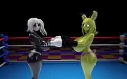 2girls boxing boxing_gloves boxing_ring breasts_bigger_than_head cometfnia five_nights_at_freddy's five_nights_in_anime marionette_(fnaf) menacing multiple_girls puppet_(fnaf) smug springtrap springtrap_(fnaf) tapping