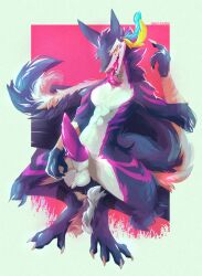 2022 anthro balls catto_(artist) claws erection fur genitals hi_res knot looking_at_viewer male mammal nude open_mouth penis presenting presenting_penis purple_body purple_fur sergal solo spread_legs spreading tongue tongue_out white_body white_fur