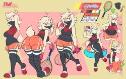 anthro anthro_only anthrofied ass big_ass big_breasts breasts charlotte_(skwrlwrld) clothed clothing female fur furry furry_only nintendo pokémon_(species) pokemon raboot skwrlwrld slightly_chubby tagme tail tennis_ball tennis_racket