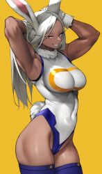 1girls armpits arms_up armwear big_breasts blue_thighhighs breasts bunny_ears bunny_girl bunny_tail clothed clothed_female clothing dark-skinned_female dark_skin female female_only fully_clothed hair hands_behind_head hips legwear leotard long_hair medium_breasts miruko my_hero_academia red_eyes rumi_usagiyama skin_tight smile solid_color_background solo superheroine tail teeth thighhighs thighs white_hair yellow_background yoshi55level