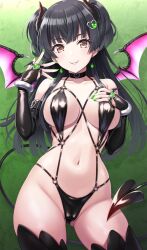 1girls bangs bat_wings bikini black_choker black_gloves black_hair black_horns black_one-piece_swimsuit black_thighhighs blunt_bangs blush bracelet breasts bridal_gauntlets brown_eyes choker curvy demon_girl demon_horns demon_tail demon_wings earrings female female_only gloves green_nails hair_ornament highres horns idolmaster idolmaster_shiny_colors jewelry large_breasts light-skinned_female light_skin long_hair looking_at_viewer mayuzumi_fuyuko nail_polish navel open_mouth sideboob sling_bikini slingshot_swimsuit smile solo standing succubus swimsuit tail thighhighs two_side_up urabi_(tomatohouse) wings