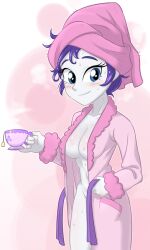 1girls after_shower big_eyes blue_eyes blush blushing boobs breasts casual cleavage clothing equestria_girls female female_only friendship_is_magic hasbro headwear human medium_breasts my_little_pony navel open_clothes open_robe outerwear pale_skin purple_hair rarity_(eg) rarity_(mlp) robe robe_only solo straight_hair ta-na tana tea tea_cup tits wet wet_body wet_skin white-skinned_female white_skin