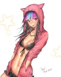 1girls bikini bikini_skirt black_bikini black_swimsuit breasts danganronpa danganronpa_2:_goodbye_despair female_only front-tie_bikini hands_in_pockets hoodie long_hair looking_at_viewer midriff mioda_ibuki miyoichi_(tjuc8378) multicolored_hair navel necklace open_hoodie piercings purple_eyes small_breasts straight_hair super_danganronpa_2 swimsuit swimsuit_skirt tongue tongue_out