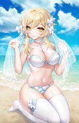 1girls beach bikini blonde_hair breasts bridal_veil bride choker clearpage clouds female flower_in_hair genshin_impact kneeling looking_at_viewer lumine_(genshin_impact) medium_breasts medium_hair midriff navel ocean outside sky strapless_bikini strapless_swimsuit swimsuit thighhighs water white_bikini white_swimsuit wrist_flower yellow_eyes