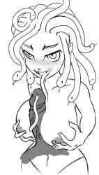 black_and_white disembodied_penis gorgon grabbing_own_breasts happy_sex hi_res high_resolution highres medusa paizuri petrification qween1795 sex tongue tongue_around_penis tongue_out tongue_wrap