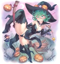 1girls black_thong bottomwear breasts broom clothed clothed_female color embarrassed female female_only gravestone graveyard green_eyes green_hair hair halloween_costume hat headwear heels high_heels jack-o'-lantern light-skinned_female light_skin mogudan neckwear one-punch_man one_leg_up panties pelvic_curtain pumpkin short_hair small_breasts solo tatsumaki thick_thighs thigh_boots thighs thong witch witch_costume witch_hat