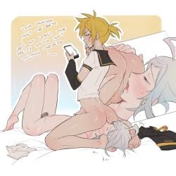 2boys ass blonde_hair chastity chastity_cage chastity_device eating_ass english_text facesitting femboy gay grey_hair kagamine_len lacryboy male male/male male_only melanpsycholia nude oral rimming sex sitting_on_face smartphone text utatane_piko vocaloid wet yaoi