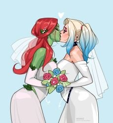 2d 2girls big_breasts bisexual_(female) blonde_hair blue_background blue_hair bouquet bride busty canon_couple choker closed_eyes clothed clothed_female clothing collar couple curvaceous curvy dc dc_comics dress duo earrings elbow_gloves eyelashes eyeliner eyeshadow facial_tattoo female female_only flower flower_in_hair fully_clothed green-skinned_female green_body green_skin hair_ornament harley_quinn harley_quinn_(series) heart hi_res hips human human_only implied_marriage just_married kissing light-skinned_female light_skin lips lipstick long_dress long_hair love makeup medium_breasts minko neckwear olena_minko patreon piercing plain_background poison_ivy red_hair redhead side_view signature sleeveless sleeveless_dress spiked_collar spikes standing tattoo twintails two_tone_hair url veil villain voluptuous wedding wedding_dress wedding_veil white_clothing wholesome wife wife_and_wife yuri