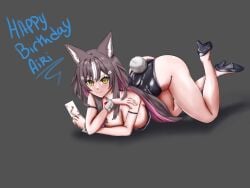 1girls animal_ears black_background brown_hair bunnysuit card chisaka_airi english_text female female_only happy_birthday holding_card light-skinned_female light_skin looking_at_viewer meliodas8656129_(メリオダス) phase_alias phase_connect shadow simple_background solo text virtual_youtuber wolf_ears wolf_girl yellow_eyes