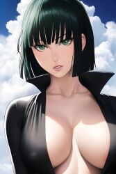 1girls absurd_res ai_generated bangs big_breasts breasts busty cleavage clothed clothing cloud collarbone dark_green_hair dress eye_contact eyelashes female female_focus female_only fringe front_view fubuki_(one-punch_man) green_eyes green_hair highres large_breasts light-skinned_female light_skin lips lipstick looking_at_viewer nai_diffusion nipple_bulge one-punch_man open_mouth short_hair solo solo_female solo_focus stable_diffusion tight_clothing upper_body