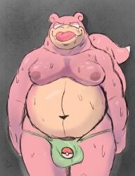 absurd_res anthro bulge clothing debudraws generation_1_pokemon hi_res looking_at_viewer male male_only moobs nintendo nipples overweight overweight_anthro overweight_male pink_body pokemon pokemon_(species) slowbro superchub thong tongue tongue_out underwear video_games wet