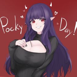 1girls blush boob_window eyebrows_visible_through_hair female female_only food food_between_breasts heart indie_virtual_youtuber khunm_017 light-skinned_female light_skin looking_at_viewer pocky_between_breasts pocky_day purple_hair red_background red_eyes sharp_teeth simple_background slight_blush smile solo sweater virtual_youtuber vivian_v._wendell