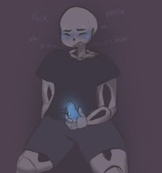 1boy 2d animated_skeleton blue_blush blue_penis blush blushing closed_eyes clothed clothing desperation ectopenis english_text glowing_penis kneeling lightsaber_dick male male_only masturbation non-human penis precum sans skeleton solo solo_male sweat sweating text undertail undertale undertale_(series) undertale_sans