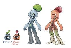 2girls eyebrows_visible_through_hair female_only flower flower_in_hair flower_slime_girl_(juztplay) hi_res high_quality juztplay open_hands red_eyebrows roots simple_background simple_shading slime slime_girl slime_girl_(juztplay) slime_hair slime_monster slime_tits smile text tree_hair_ornament white_background