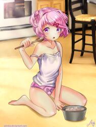 1girls 5_fingers admika bow_panties chair cleavage detailed_background doki_doki_literature_club natsuki_(doki_doki_literature_club) panties pink_eyes pink_hair pink_panties solo spoon wooden_spoon