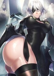 blindfold comichipota nier nier:_automata nier_(series) pod_(nier) skirt skirt_lift skirt_up white_hair yorha_2b