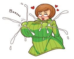 drooling female gastrictank glasses green_sweater heart lactating lactation lactation_through_clothes lactation_without_expressing milk nikki_(swapnote) nintendo nipple_ejaculation nipple_orgasm red_glasses sensitive_nipples short_hair swapnote sweater