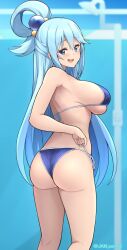 1girls aqua_(konosuba) ass back bangs bare_shoulders bikini blue_bikini blue_eyes blue_hair blush breasts hair_ornament hair_rings jampen kono_subarashii_sekai_ni_shukufuku_wo! large_breasts long_hair looking_at_viewer looking_back open_mouth sideboob single_hair_ring smile solo swimsuit thighs_bigger_than_head