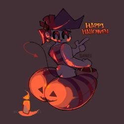 1boy 1femboy ass_cleavage big_ass big_butt bubble_butt butt_crack candle closed_eyes clothed clothing cute_face cute_male cutie_mark dani_(danielito) danielito demon_boy demon_horns demon_tail femboy giant_ass halloween halloween_costume halloween_pumpkin happy male_only original_character pumpkin pumpkin_butt