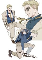 1boy animal_print belt blonde_hair blood blood_on_chest blood_on_clothes blue_shirt bound bound_arms chair collarbone collared_shirt cum facial formal full_body goggles grey_suit guttia holding holding_weapon injury jujutsu_kaisen kento_nanami kneeling leopard_print long_sleeves loose_necktie male male_focus male_only necktie pants shirt shoes short_hair sitting solo suit suspenders upper_body weapon yellow_necktie