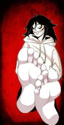 barefoot black_hair blue_eyes creepypasta feet foot_focus jeff_the_killer long_hair looking_at_viewer male pale_skin smile solo toes