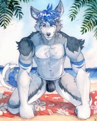 akatan_art ambient_bird anthro avian beach bird black_clothing black_jockstrap black_underwear blue_body blue_eyes blue_fur blue_hair brown_eyes bulge cheek_tuft chest_tuft clothed clothing facial_tuft fur glistening glistening_eyes grey_body grey_fur group hair heterochromia hi_res jockstrap kneeling leaf looking_at_viewer male messy_hair multicolored_clothing multicolored_jockstrap multicolored_underwear neck_tuft outside palm_leaves seaside short_hair shoulder_tuft skimpy sky smile solo_focus topless tuft two_tone_clothing two_tone_jockstrap two_tone_underwear underwear water white_body white_clothing white_fur white_jockstrap white_underwear