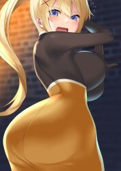 1girls ass bangs big_breasts black_bodysuit blonde_hair blue_eyes blush bodysuit breasts brick_wall darkness_(konosuba) from_behind hair_between_eyes hair_ornament hand_on_wall high-waist_skirt high_ponytail highres kakaon kono_subarashii_sekai_ni_shukufuku_wo! large_breasts long_hair open_mouth ponytail sideboob skirt solo x_hair_ornament yellow_skirt