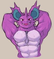 anthro arms_behind_back arms_up cum cum_on_penis disembodied_penis gay human human_on_anthro humanoid_penis large_ears large_pectorals male_human/male_anthro nidoking paizuri pecjob pokemon pokemon_(species) pov purple_skin sweating