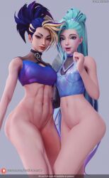 2girls 3d abs akali bottomless darkbahamuth female_only fit_female k/da_all_out_akali k/da_all_out_seraphine k/da_all_out_series k/da_series league_of_legends medium_breasts petite pinup riot_games seraphine_(league_of_legends) small_breasts tagme topwear