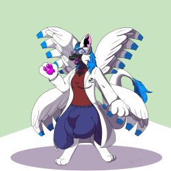 absurd_res balls_outline blue_hair breasts bulge cleavage_cutout clothed clothing detailed_bulge dragon fur genital_outline hair hi_res hologram hyper intersex multi_wing paws scientist white_body white_fur wings wot