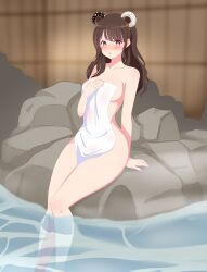 1girls algorhythm_project bear_ears bear_girl blush brown_hair calista_the_brown_bear eyebrows_visible_through_hair female female_only koalathaiya light-skinned_female light_skin looking_at_viewer nose_blush onsen rocks see-through_towel solo suprised thighs thighs_together towel towel_only towel_over_breasts v-agent virtual_youtuber water