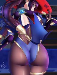 1girls ass ass_focus ass_shot back_view big_ass dango dat_ass female female_only genshin_impact hat headwear holding_food huge_ass katopan large_ass leotard mona_(genshin_impact) purple_hair solo solo_female thick_ass thick_thighs thighs twintails vision_(genshin_impact) witch_hat