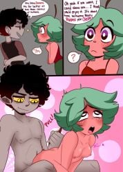 1boy 1boy1girl 1girls 2018 ahe_gao ambiguous_penetration blush breasts cherry_(cherrypix) cherrypix color comic deep_blush demon digital_drawing_(artwork) digital_media_(artwork) freckles fucked_senseless fucked_silly green_hair hair_pull heart instant_loss moaning nude nude_female nude_male open_mouth purple_eyes sex shagging short_hair simple_background speech_bubble text text_bubble utter_domination yellow_eyes