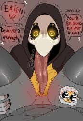 :3 anthro cunnilingus dialogue duo emoji female heart hearts hood licking licking_pussy long_tongue margaret_(vetisx) naked nude open_mouth plague_doctor plague_doctor_mask saliva text tongue tongue_out vetisx yellow_eyes yuri