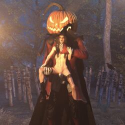 anus black_dress black_legwear broom brown_hair dress forced forest green_eyes headless_horseman imminent_rape jack-o'-lantern lingerie original_character pierced_nipples pumpkin_head restrained size_difference stockings testicles that3dartist tree witch witch_hat