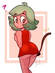 2019 ass cherry_(cherrypix) cherrypix clothed color digital_drawing_(artwork) digital_media_(artwork) freckles green_hair looking_back panties question_mark red_dress revealing_clothes sfw short_dress simple_background tail