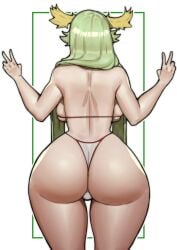 1girls ass ass_focus ass_shot back back_view backboob bikini breasts bubble_butt deity double_peace_sign double_v doublehero female goddess green_eyes green_hair hips huge_ass huge_breasts kid_icarus kid_icarus_uprising light-skinned_female light_skin long_hair nintendo palutena peace_sign simple_background slim_waist thick_thighs thighs white_bikini wide_hips