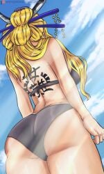 ass_focus back_tattoo back_view bikini black_maria blonde_hair dat_ass female female_only giantess long_hair one_piece shinjinou wide_hips