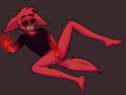 anthro ass balls black_sclera blush bodily_fluids canid canine clothed clothing damian_(zoophobia) demon digital_media_(artwork) erection fur genitals hi_res legs_up lying magic male mammal masturbation nude on_back partially_clothed penis red_body red_eyes red_fur simple_background smile solarlewds solo text topwear vivzmind zoophobia