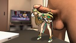 balls ballsack bent_over blonde_hair breasts clothed_female_nude_male erection giant giant_balls giant_male giant_penis golden_eyes huge_breasts infamousmask long_hair macro micro minigirl miniskirt monolith_soft mythra nude_male penis_on_ass penis_on_back penis_on_head shrunken_woman size_comparison size_difference size_play skirt suggestive_pose xenoblade_(series) xenoblade_chronicles_2