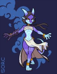 2019 anthro armor bandage bandaged_chest blue_body blue_eyes body_markings chest_wraps claws clothed color compact_body curvy digital_drawing_(artwork) digital_media_(artwork) eyelashes feet gauntlet hood horn horns kobold loincloth looking_at_viewer oc original original_character purple_body purple_skin reptile sfw sfw_version simple_background sorc sorcerushorserus