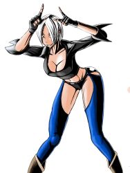 1girls angel_(kof) ass bending_forward bent_forward big_breasts boots breasts busty female gloves jacket king_of_fighters legwear light-skinned_female light_skin looking_at_viewer pointing short_hair smile smiling thong voluptuous voluptuous_female white_hair